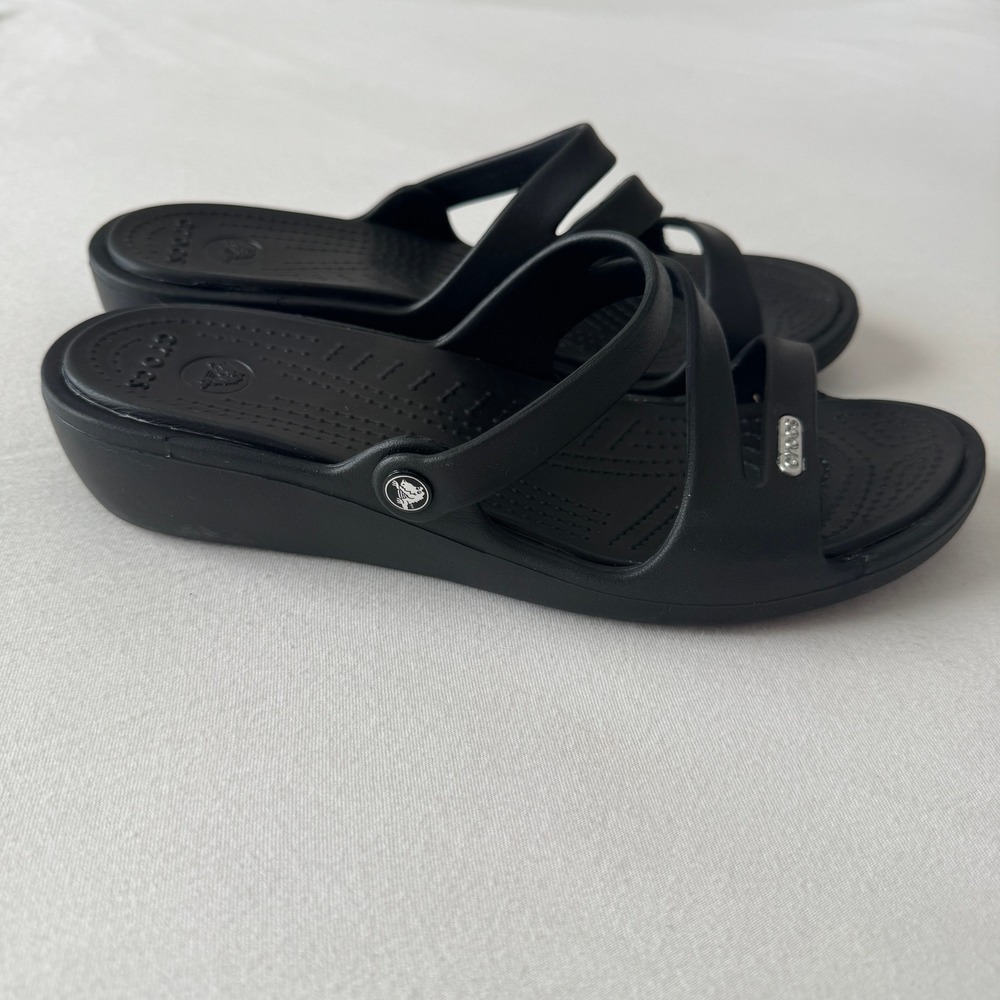 Crocs Patricia Wedge Sandals Womens 8 Black Multi Strap Slip On Shoes Comfort